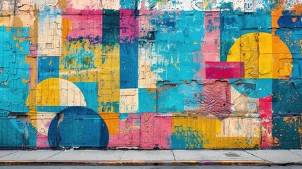 vibrant street art mural on weathered urban wall bold graffitistyle designs blend abstract patterns and figurative elements in a riot of colors and textures