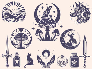 Set of mystical symbols, moon phases, crystals, witchy hands, crystal balls, wolf, mushroom, poison, celestial tattoo silhouette