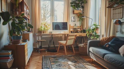 Elegant feminine workspace. Rustic Scandinavian living room interior. Work from home concept