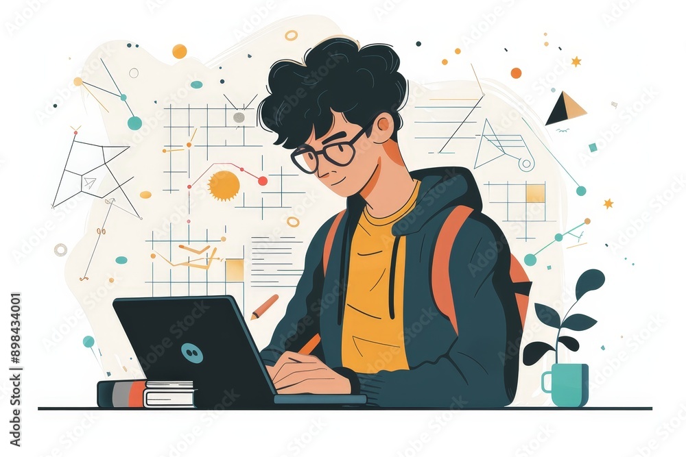 Poster bright student engaged in math problems on digital device | vector illustration in minimalistic 2d f