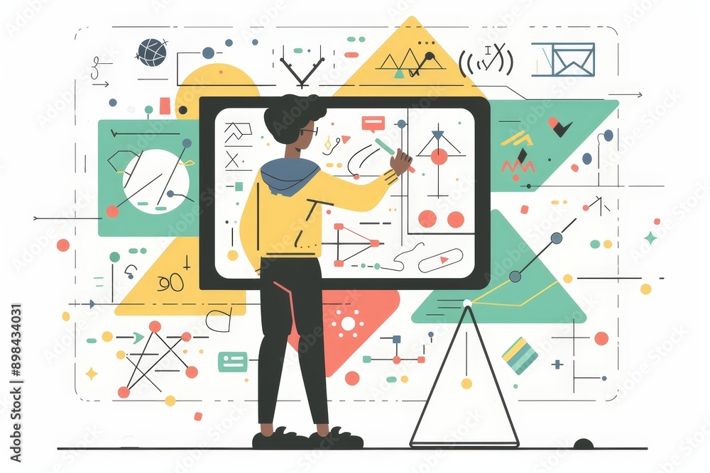 Aufkleber modern education: character solving math equations on digital tablet in minimalist 2d flat style for