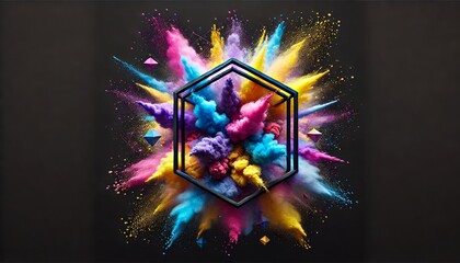 Dynamic and Colorful Explosion of Powder Inside Geometric Frame on Black Background