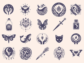 Set of mystical symbols, moon phases, crystals, witchy hands, crystal balls, wolf, mushroom, poison, celestial tattoo silhouette
