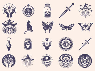 Set of mystical symbols, moon phases, crystals, witchy hands, crystal balls, wolf, mushroom, poison, celestial tattoo silhouette