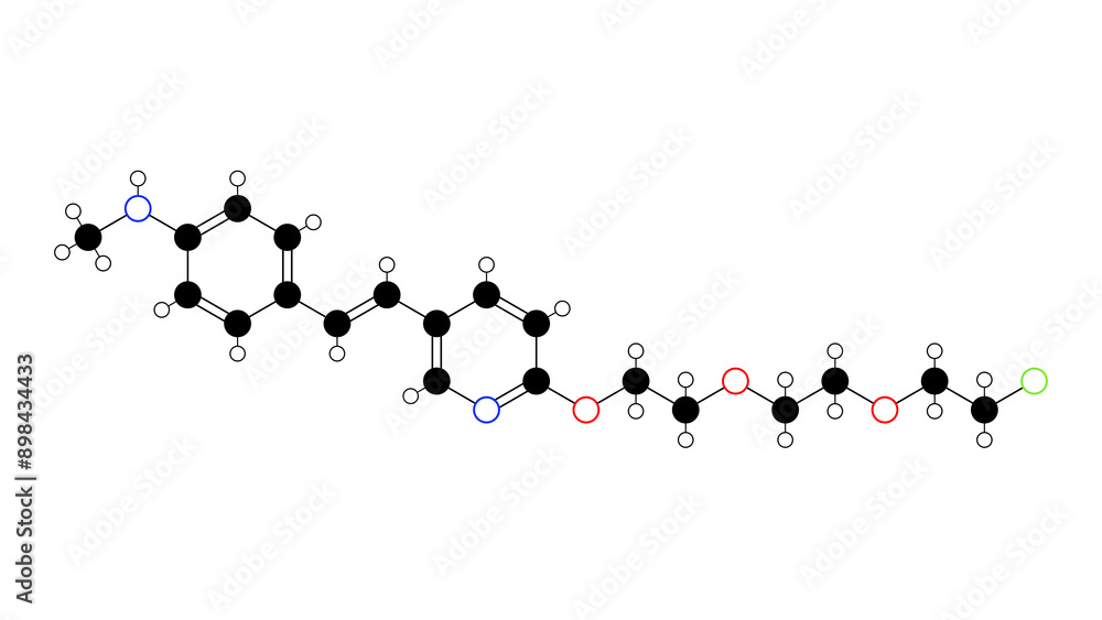 Sticker florbetapir (18f) molecule, structural chemical formula, ball-and-stick model, isolated image radiop