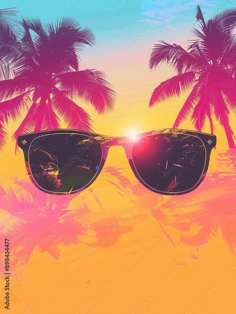 Poster a pair of sunglasses sits in front of a colorful sunset backdrop with palm trees on either side. gen