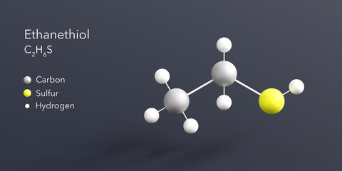 ethanethiol molecule 3d rendering, flat molecular structure with chemical formula and atoms color coding