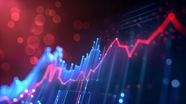 Glowing neon abstract minimalistic Financial Graph with uptrend line and chart, stock market on black background with numbers and info graph