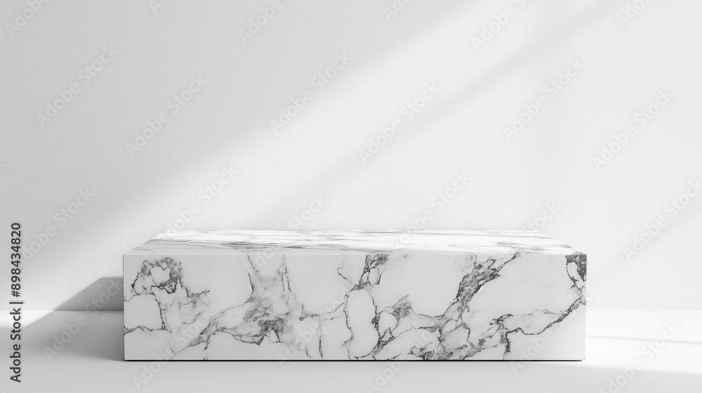 Poster White Empty Marble Table podium stage platform with White Wall Background and window Sunlight - empty copy space place table mock up for design and product placement