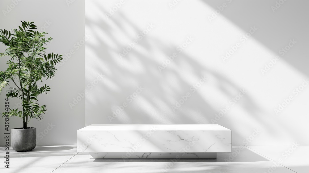 Poster white interior room with empty space - empty white room with white marble table and plant, empty whi