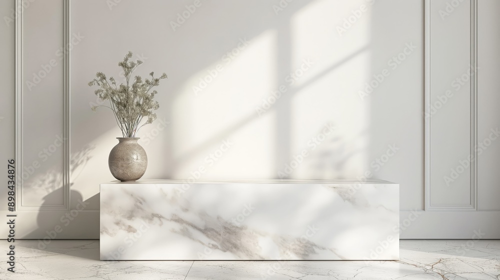 Aufkleber white room with white marble table stage podium and marble white floor with white wall and sunlight 