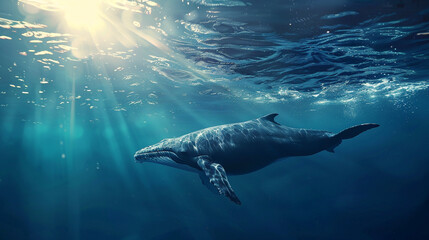 Fototapeta premium hump back whale swimming near the water surface 
