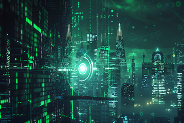 Obraz premium AI-powered security bot scanning for threats. Glowing green light. Digital cityscape background.