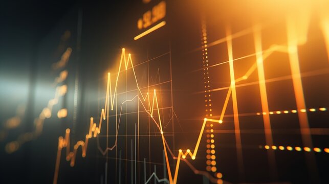 Glowing yellow abstract minimalistic Financial Graph with uptrend line and chart, Stock Market on black Background with numbers and info graph
