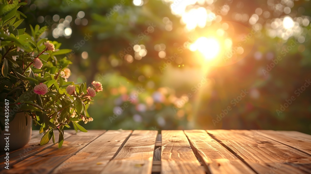 Poster wooden table with a blurred background of an outdoor summer park with evening sun and trees. wooden 