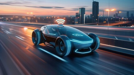 Fototapeta premium Futuristic EV car with motion lighting on highway with full self driving system activated for transportation autonomy concepts and locetion icon signal on top of car, Automotive innovation and techn