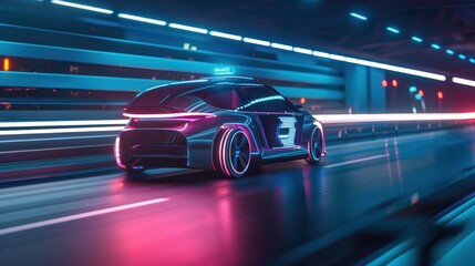 Futuristic EV car with motion lighting on highway with full self driving system activated for transportation autonomy concepts and locetion icon signal on top of car, Automotive innovation and techn