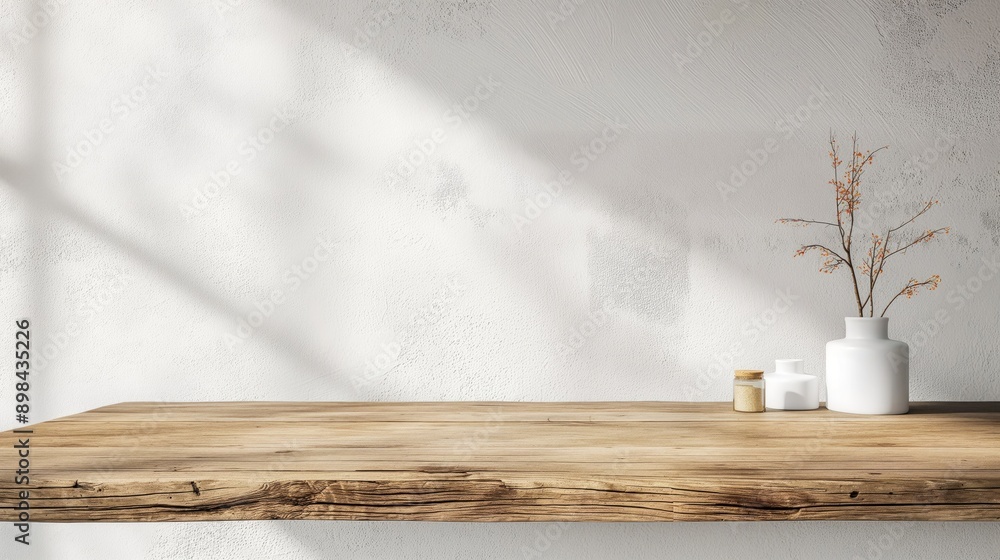 Fototapete Empty Wooden Table and White grunge Plaster Wall with sunlight rays from window background - empty place for product placement and design mock up. Wooden tabletop with white vase and soft sunlight