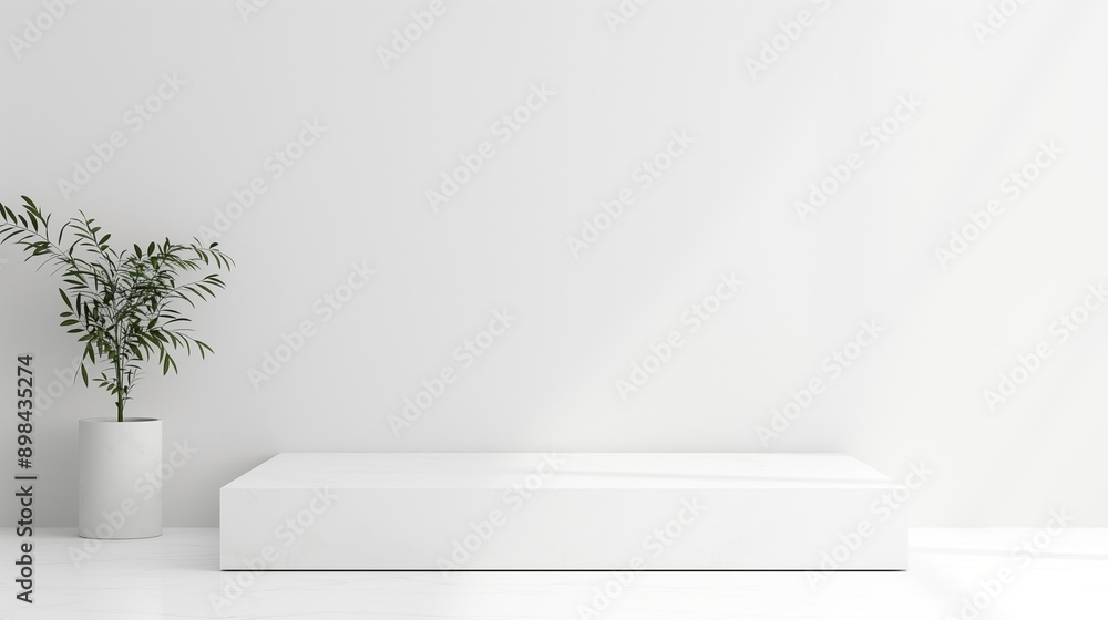 Poster White Interior Room with Empty space product display - empty White Room with White square platform and plant, empty white mock up Room with sunlight and product placement. Design room empty white
