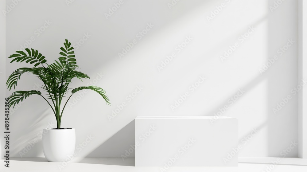 Poster white interior room with empty space - empty white room with white podium table and plant, empty whi