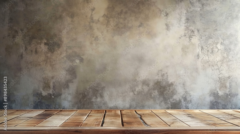 Poster empty wooden tabletop and old grunge plaster wall with sunlight rays from window background - empty 