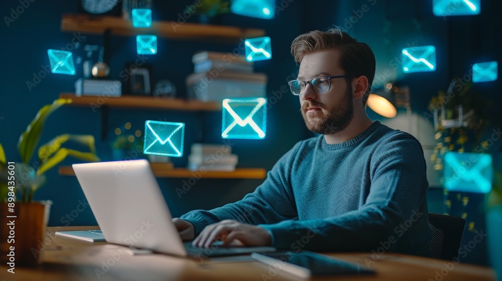 Poster analyzing customer segmentation data - email marketer in vibrant colorful office environment