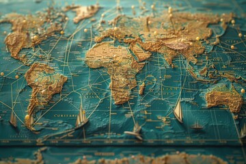 A vintage world map with gold lines depicting trade routes, continents, and oceans.  The map is displayed on a blue background.