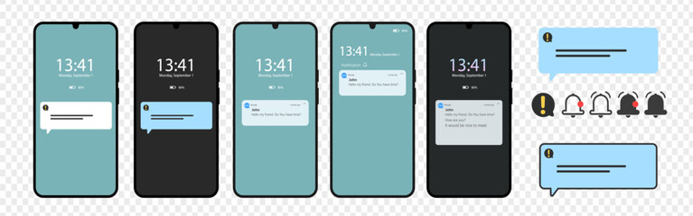 Notification screen UI. Push notification. SMS notification on the screen of the smartphone. Sms popup. Messages from social networks