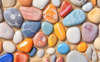 Bright multicolored gems, on yellow sand