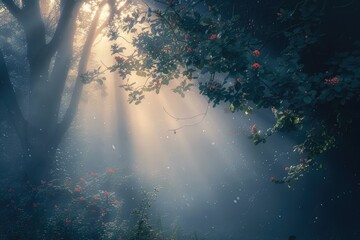Early morning sunlight rays shining through misty forest trees, Subtle wisps of light creating a dreamy atmosphere, AI generated