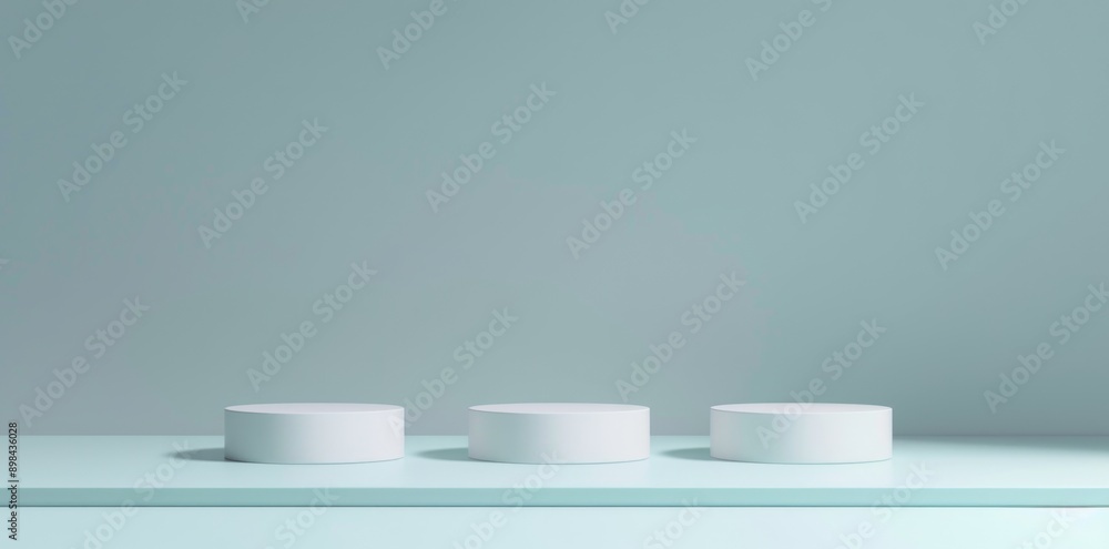 Sticker Abstract white background with three cylindrical pedestal podiums for product presentation