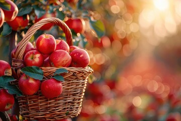 A wicker basket overflowing with ripe red apples hangs from a tree branch in an orchard at sunset.