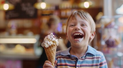 A little child holding an ice cream and eating at an ice cream store
