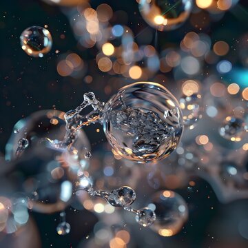  Abstract representation of chemical reactions in a liquid environment, showcasing the dynamic and colorful interactions of molecules