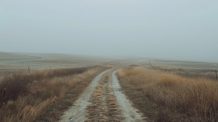 Foggy Grassland Road Without Cars