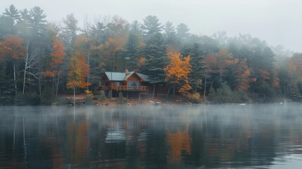 Obraz premium Foggy weather shows lake adjacent log cabin with symmetrical view of trees