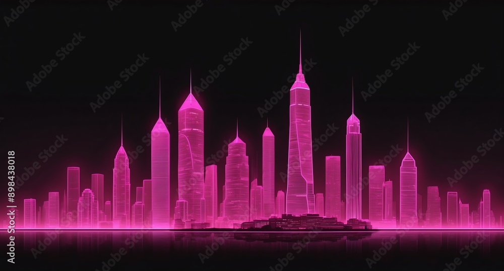 Poster pink skyscraper building skyline hologram projection on plain black background with copy space