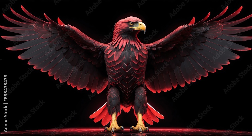Poster red fierce eagle grid lines hologram projection on plain black background with copy space