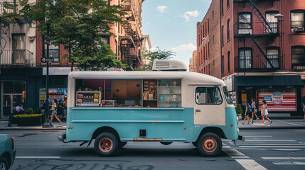 Fototapeta premium Beautiful ice cream truck park in city street