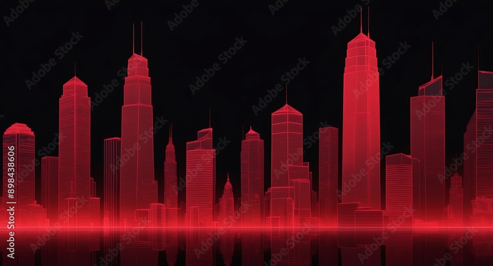 Aufkleber red skyscraper building skyline hologram projection on plain black background with copy space