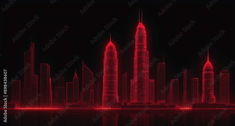 Aufkleber red skyscraper building skyline hologram projection on plain black background with copy space