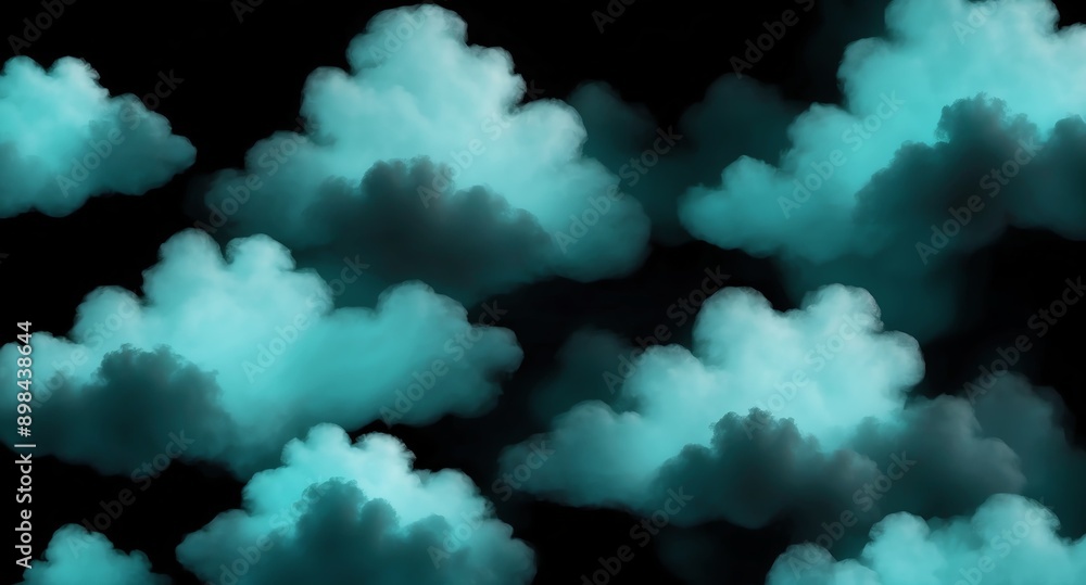 Poster teal clouds pattern hologram projection on plain black background with copy space