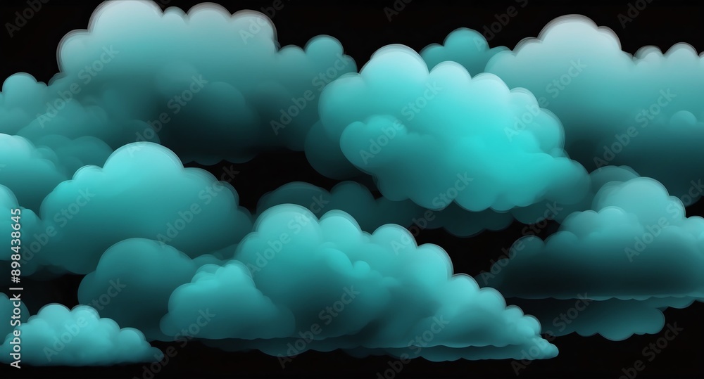 Poster teal clouds pattern hologram projection on plain black background with copy space