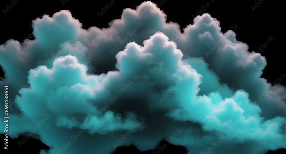 Poster teal clouds pattern hologram projection on plain black background with copy space