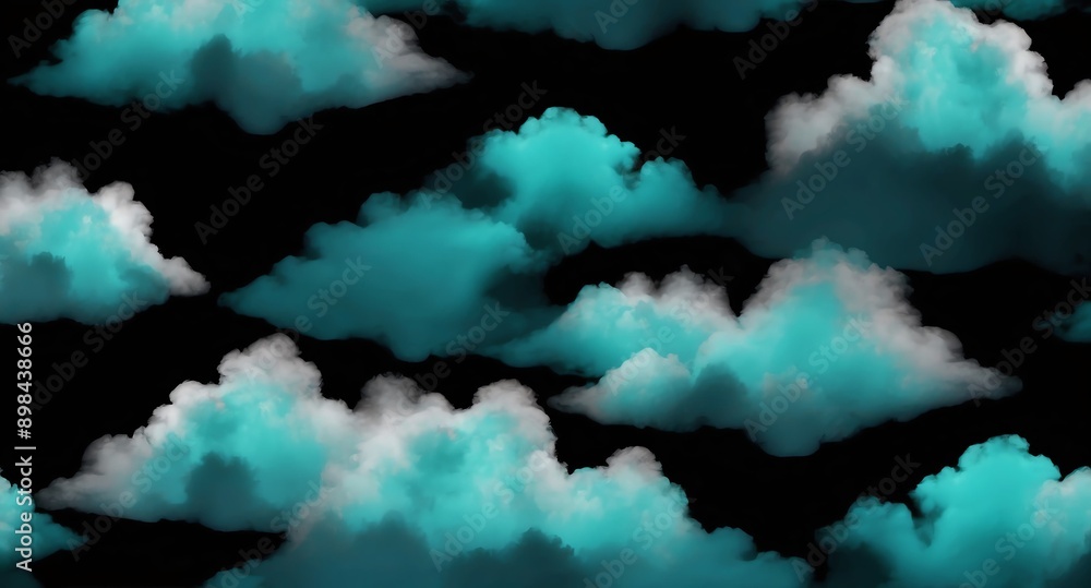 Poster teal clouds pattern hologram projection on plain black background with copy space