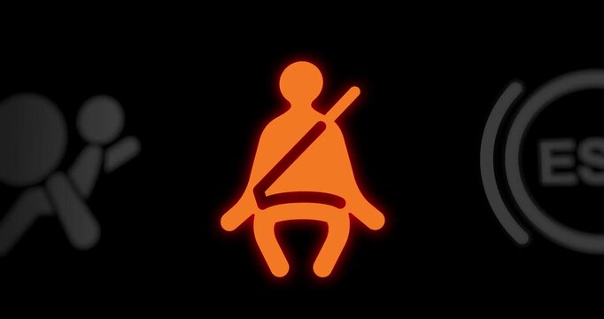 Fasten seat belt warning blinking light on car dashboard, safety belt icon, footage