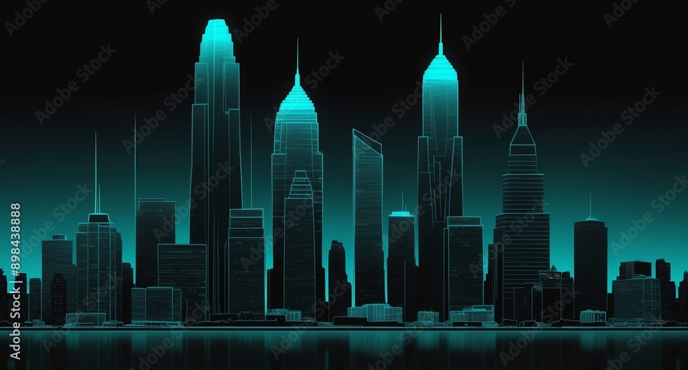 Poster teal skyscraper building skyline hologram projection on plain black background with copy space