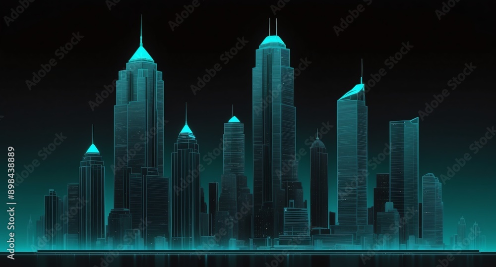 Poster teal skyscraper building skyline hologram projection on plain black background with copy space