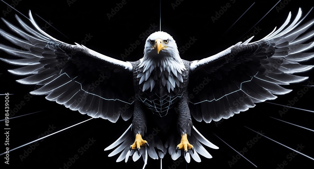 Poster white fierce eagle grid lines hologram projection on plain black background with copy space