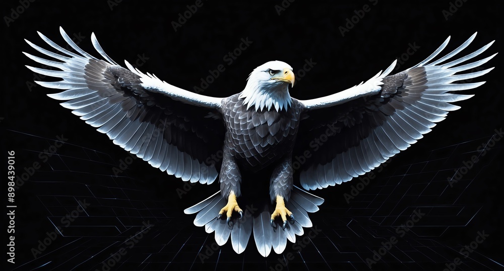Poster white fierce eagle grid lines hologram projection on plain black background with copy space